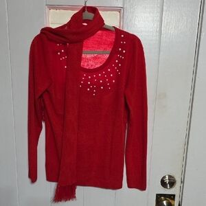 Carolyn Taylor Women's  Sweater W/Removable Scarf Red W/White Beads Sz L EUC
